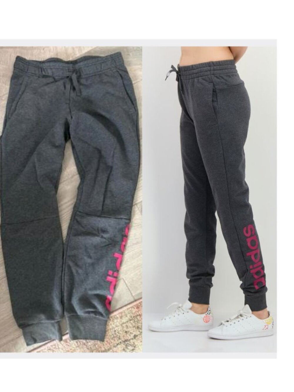 Adidas - Linear Sweatpants CZ5738 | Gray Heather & Pink Logo | Size Small